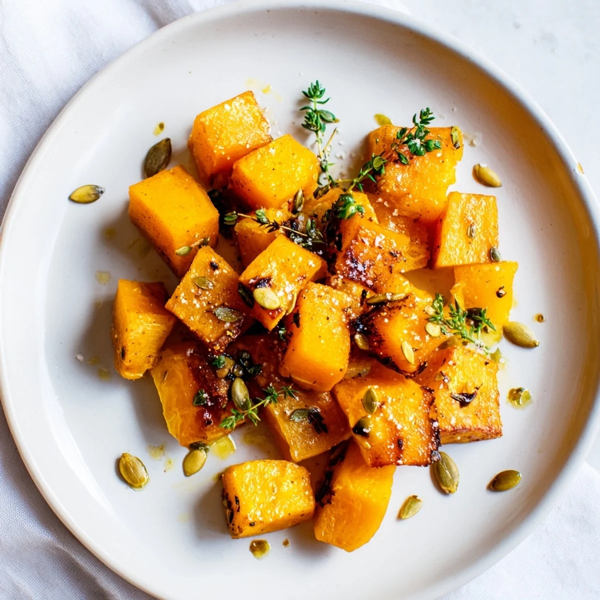 Golden, tender roasted pumpkin cubes, seasoned for a delicious side dish at your table.