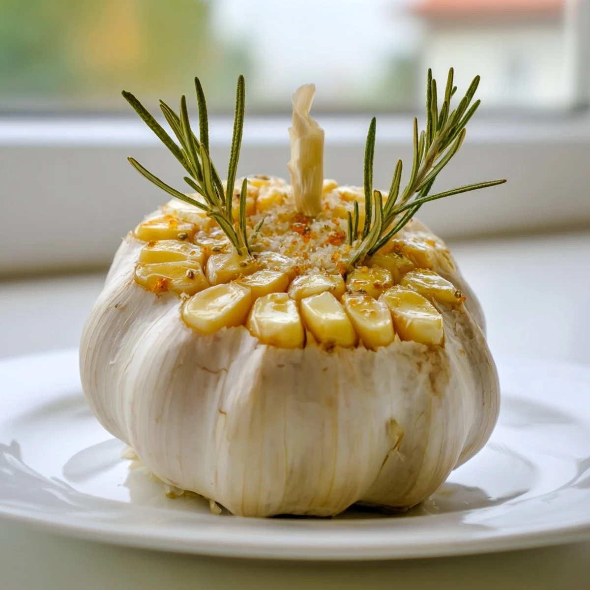 Golden-brown roasted whole garlic bulb, oozing its sweet, caramelized flavor after baking beautifully.