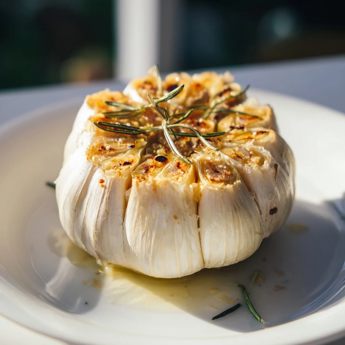 A close-up of a perfectly roasted whole garlic bulb ready for spreading its flavorful cloves.