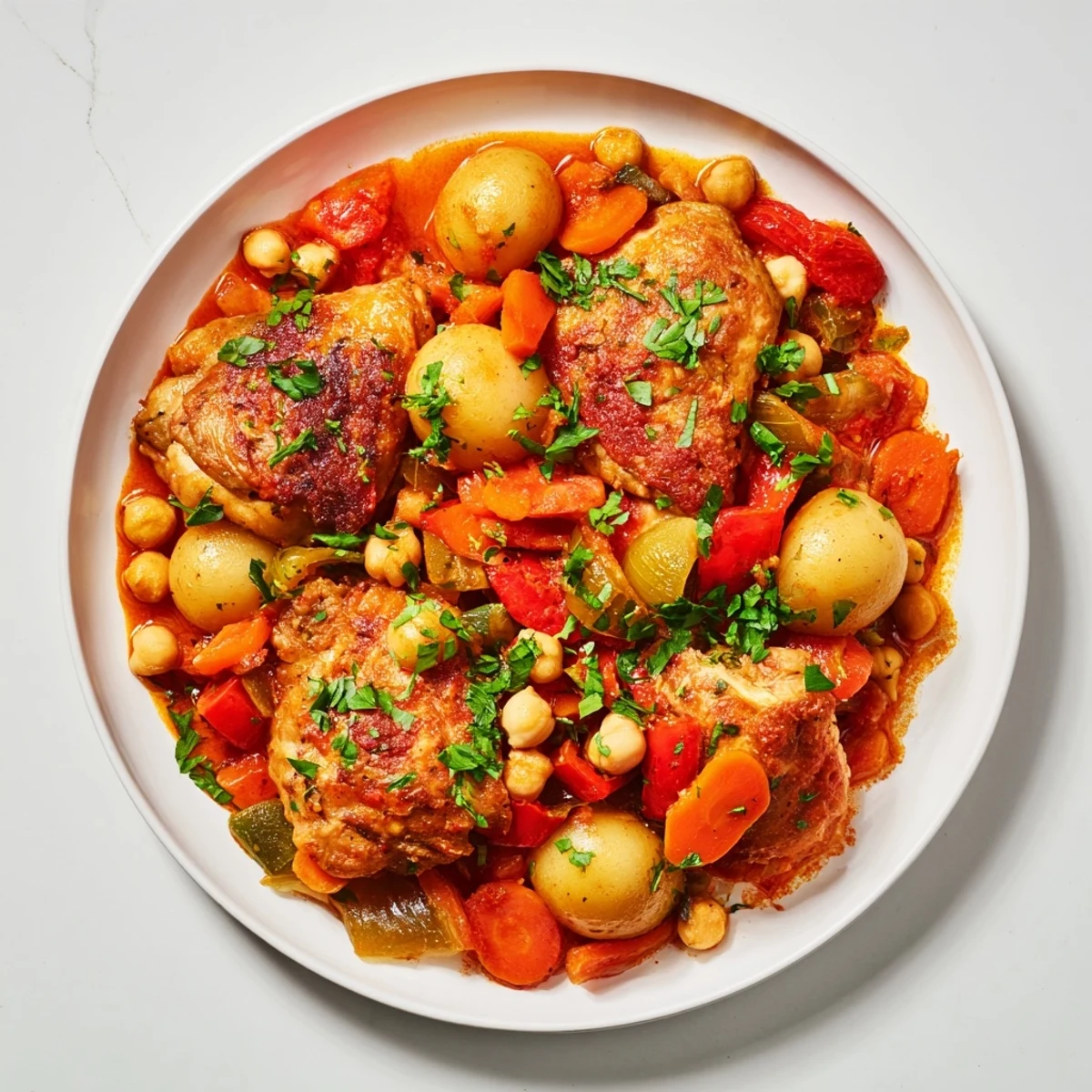 A steaming bowl of Slow Cooked Chicken and Chorizo-Free Stew, garnished with fresh parsley, flavorful and vibrant.