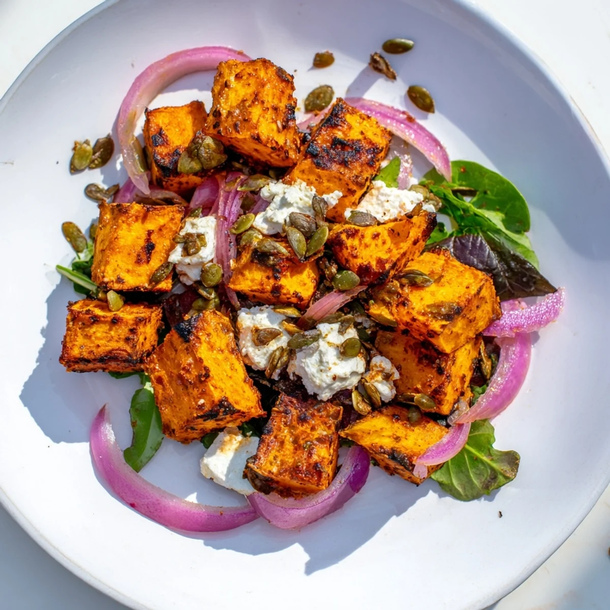 Golden roasted pumpkin salad featuring crumbled feta cheese and toasted pepitas.