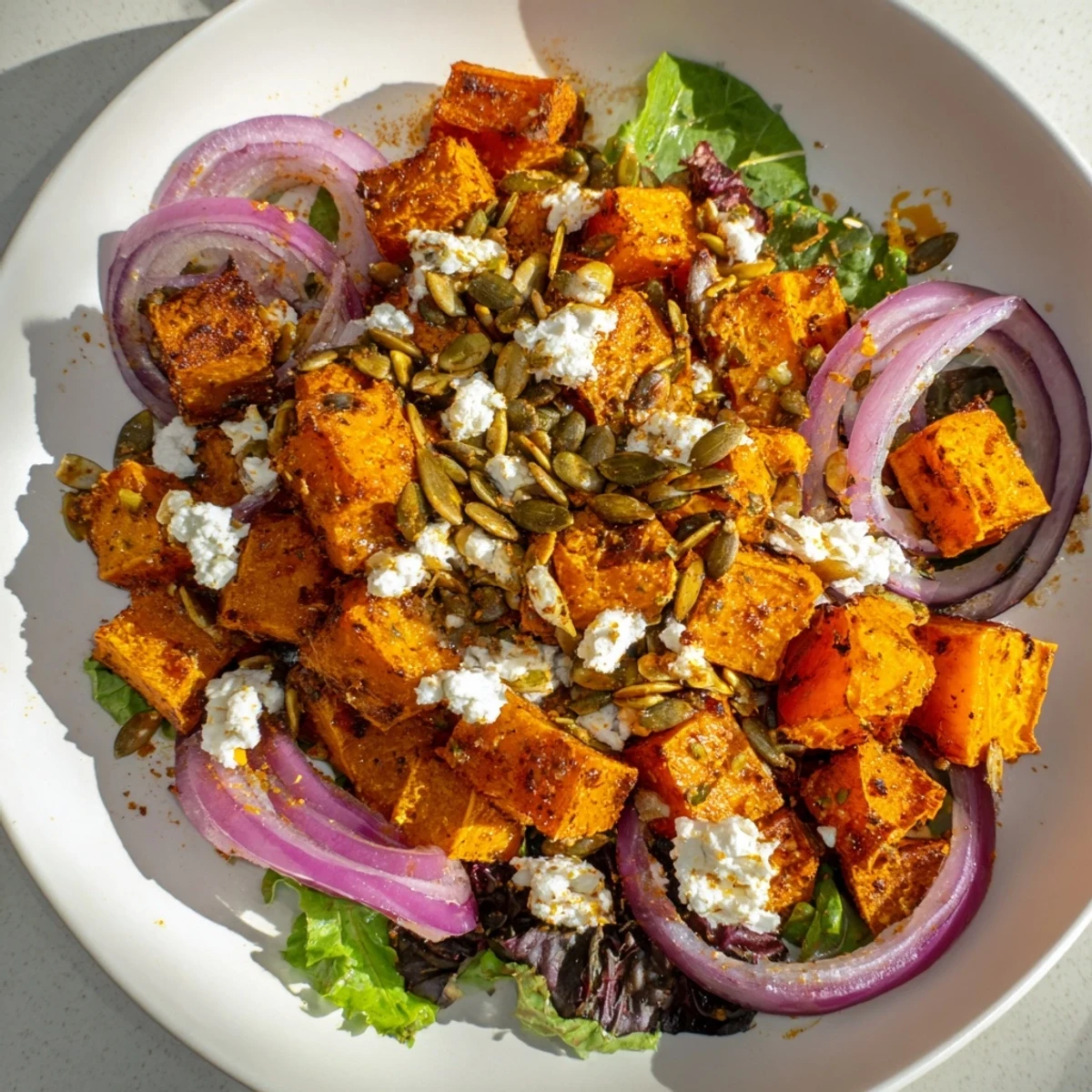 Enjoy this easy vegetarian roasted pumpkin salad drizzled with a tangy vinaigrette.