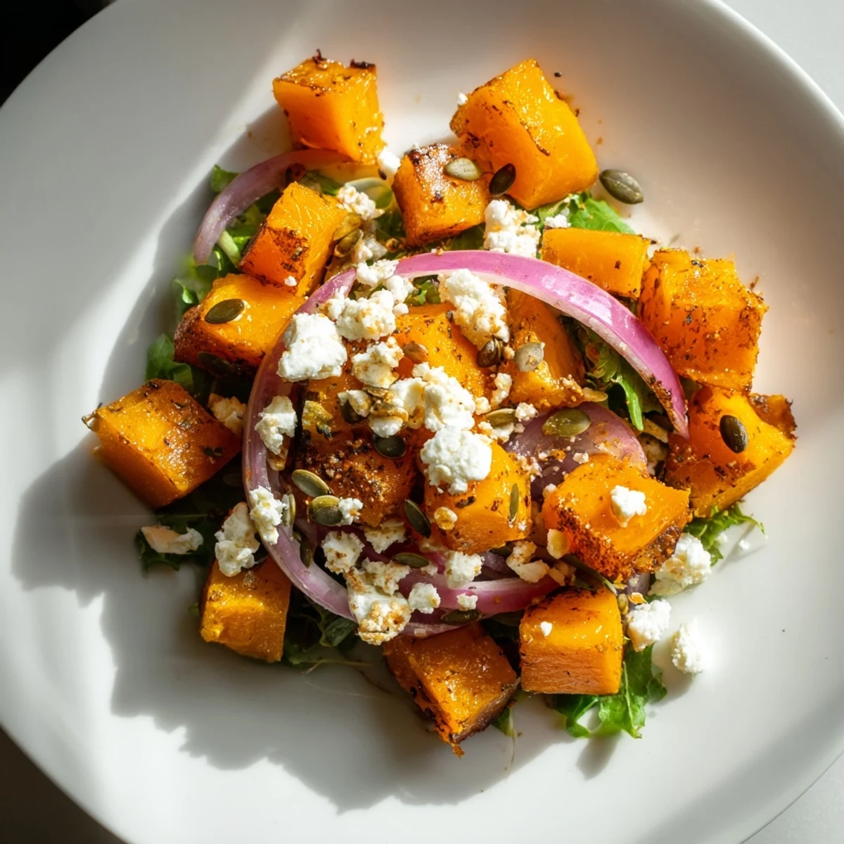 A close-up of a vibrant roasted pumpkin salad with feta and balsamic dressing.