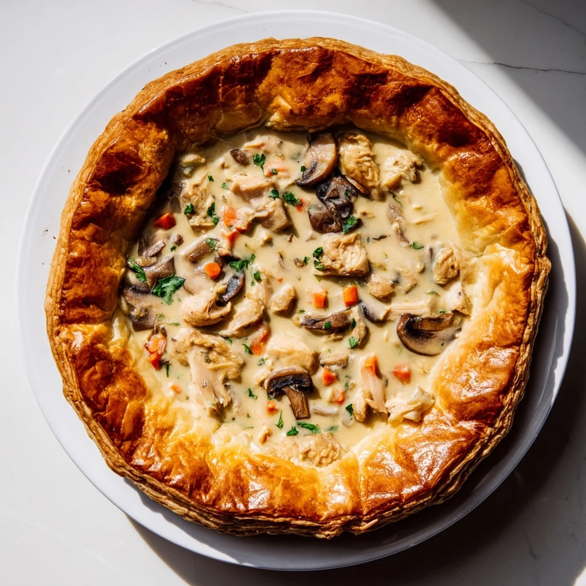 Creamy chicken and mushroom pie, a flaky crust reveals tender chicken and creamy mushrooms inside.