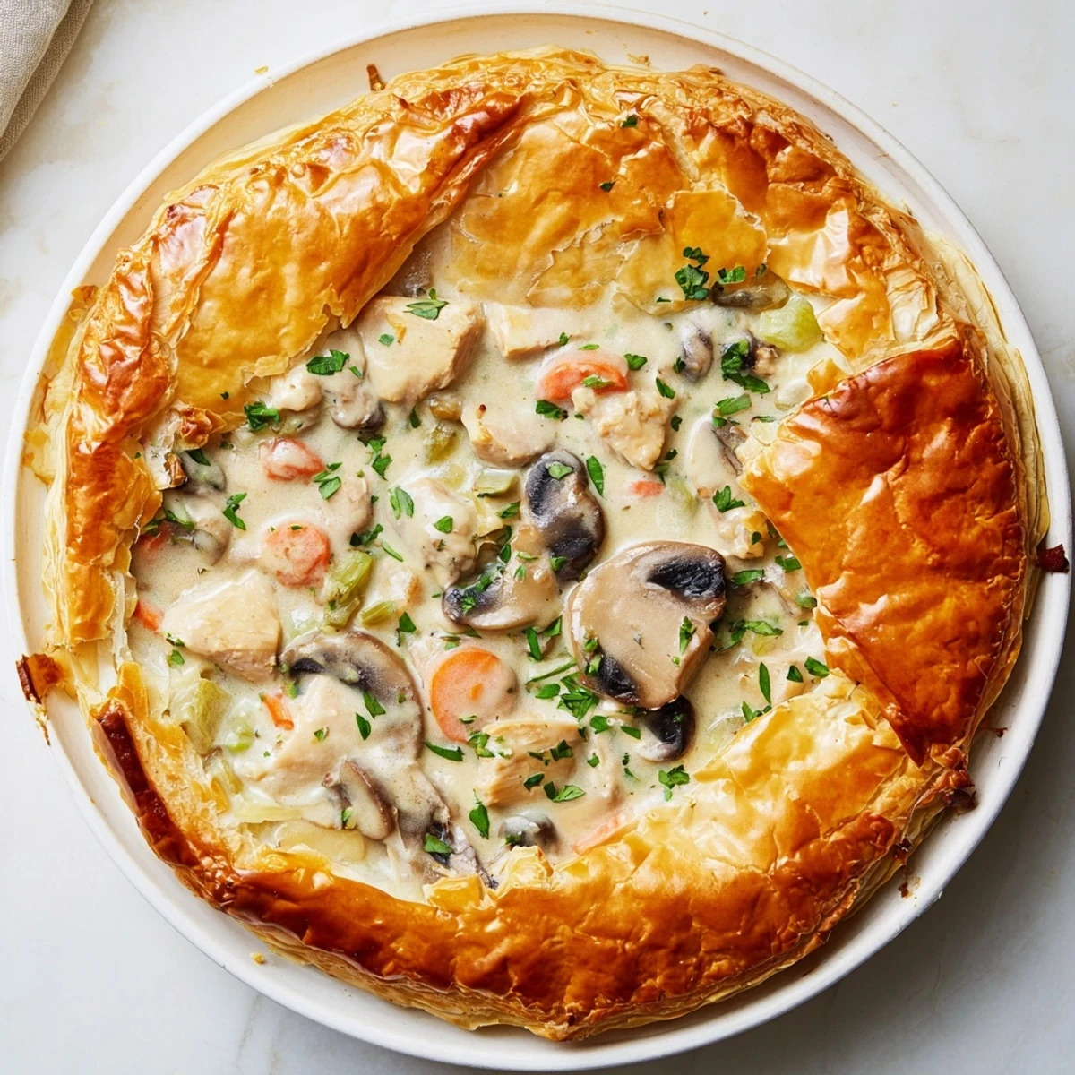 Golden, bubbly Creamy Chicken and Mushroom Pie, perfect comfort food with rich, savory flavors.