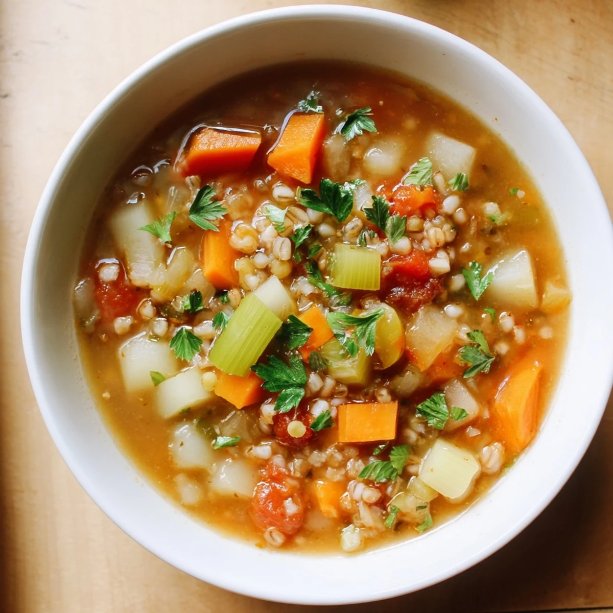 Winter Vegetable Soup with Barley steaming invitingly in a warm bowl, perfect for a cozy, healthy meal.