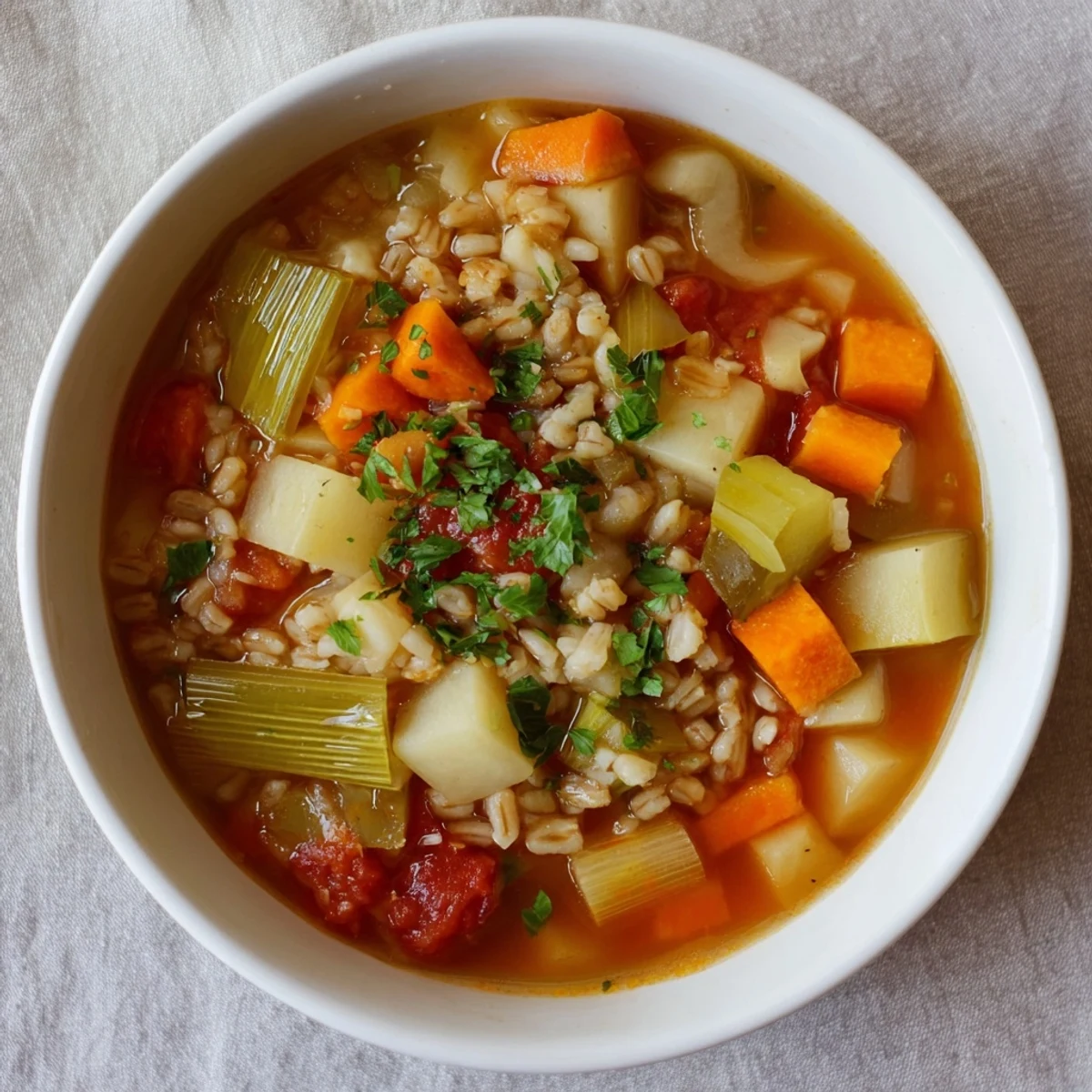 Rustic Winter Vegetable Soup with Barley garnished with fresh parsley, ready to warm you from the inside out.