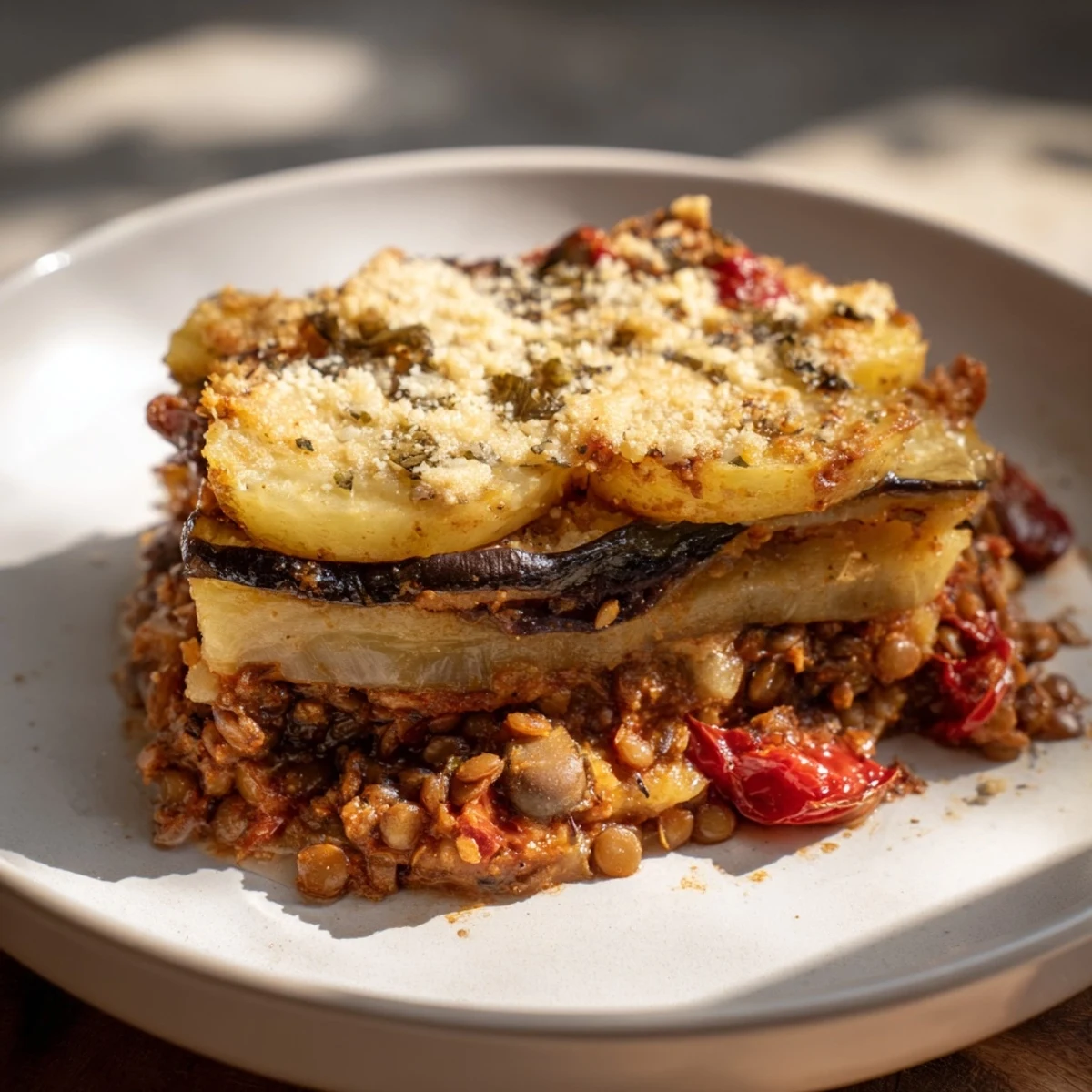 Golden, bubbling vegetarian moussaka with layers of eggplant, lentils, and creamy béchamel, ready to serve.