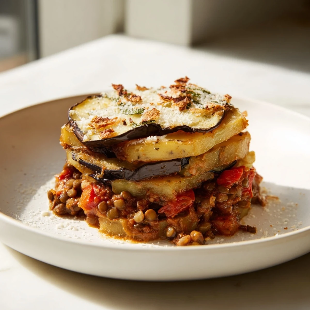 Delicious vegetarian moussaka, showcasing textures of roasted eggplant and lentils under a creamy white sauce.
