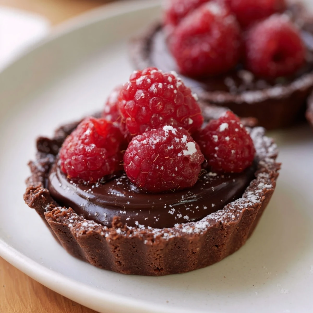 Rich dark chocolate and raspberry tart with a buttery crust and vibrant red raspberries on top.