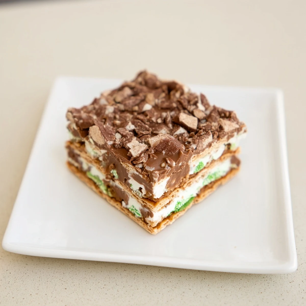 Peppermint Crisp Slice dessert, layered with biscuits, caramel, and mint chocolate, ready to serve chilled.