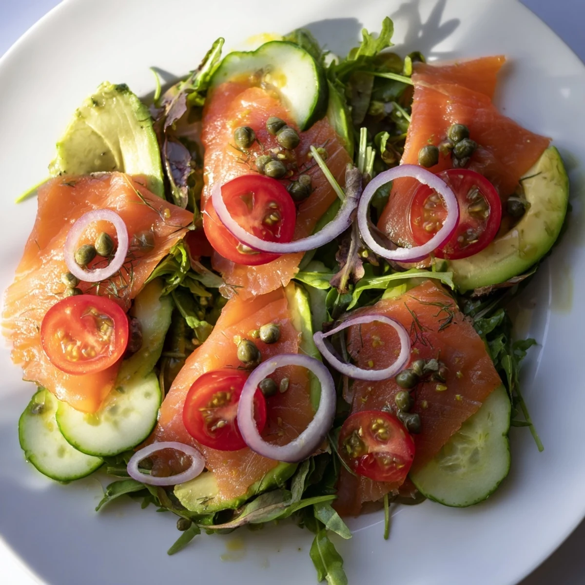 Fresh, vibrant Smoked Salmon Salad with creamy avocado, drizzled with tangy dressing, ready to enjoy.