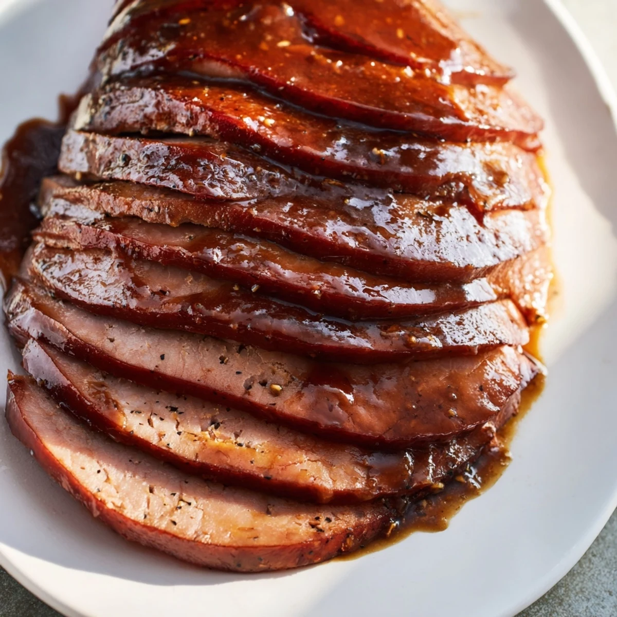 A glistening Glazed Gammon-Free Roast, beautifully glazed, ready to be sliced for a perfect vegan main course.