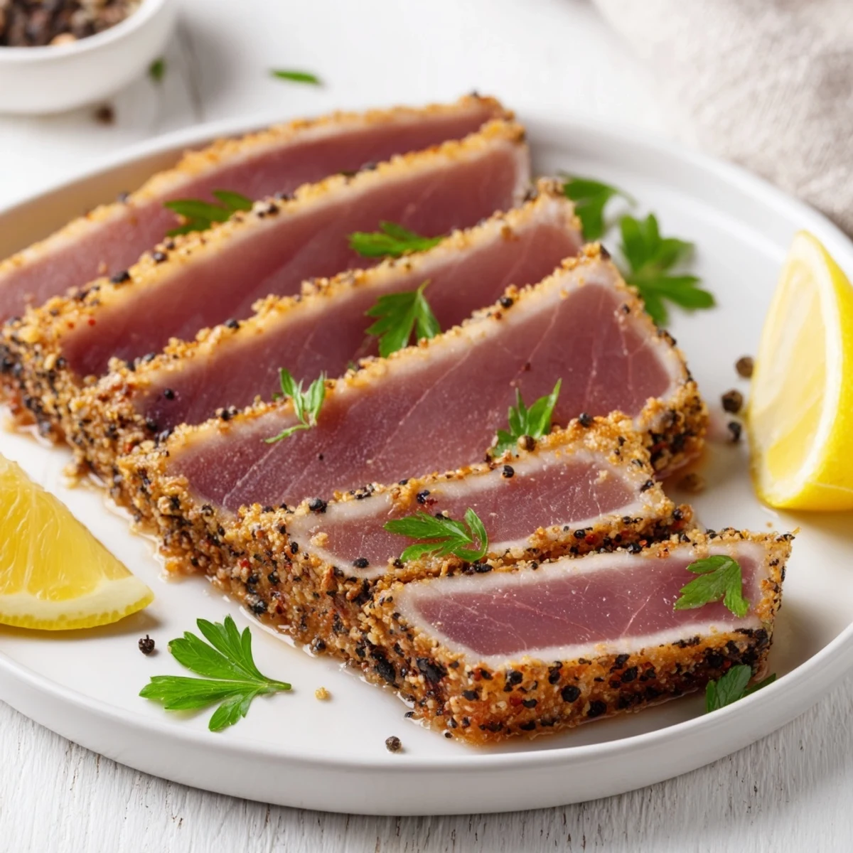 Close-up of golden-brown Pan Seared Tuna Steaks resting before being elegantly sliced and served.