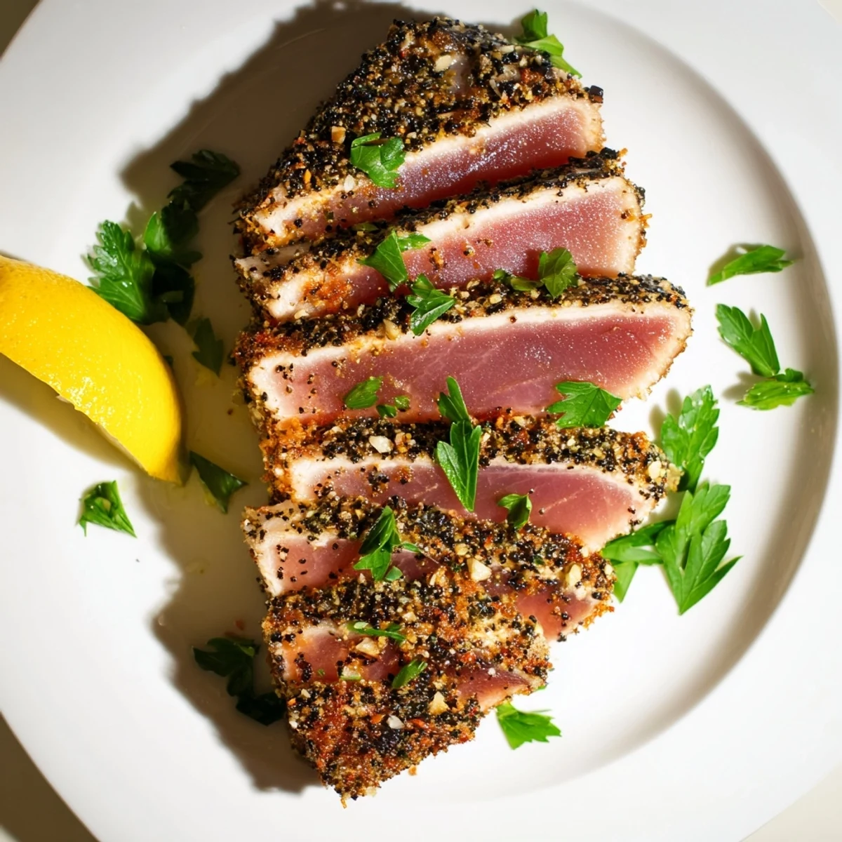 Perfectly seared Pan Seared Tuna Steaks, showcasing a beautiful crust and juicy, pink center.