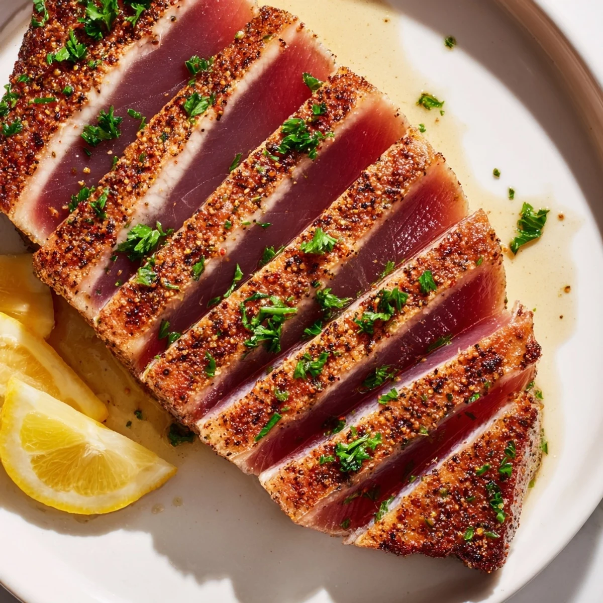 Savor the tender bite: expertly prepared Pan Seared Tuna Steaks, ready with fresh lemon wedges.