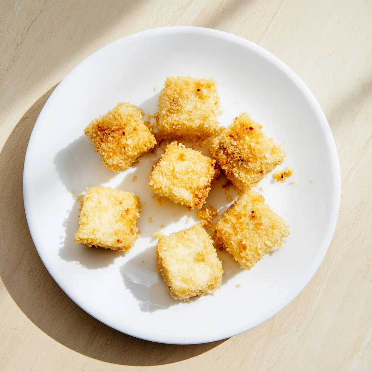 Golden, crispy tofu cubes nestled on a white plate, ready to enjoy as a flavorful appetizer.