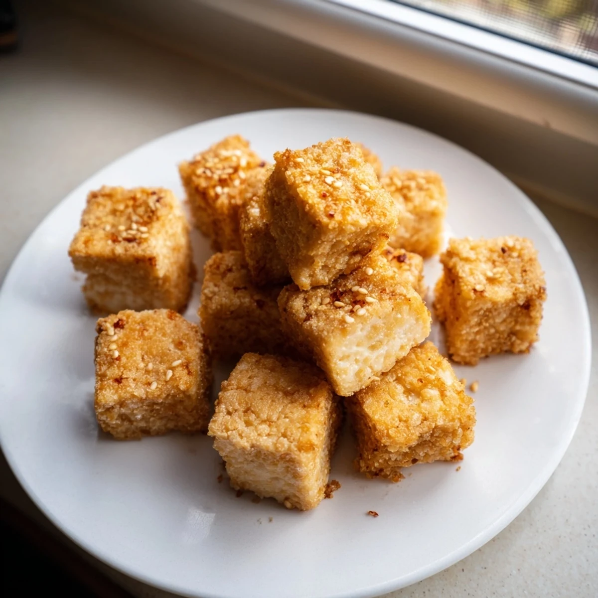 Freshly made Crispy Tofu, ready to be served, offering a delightful crunch and savory taste.