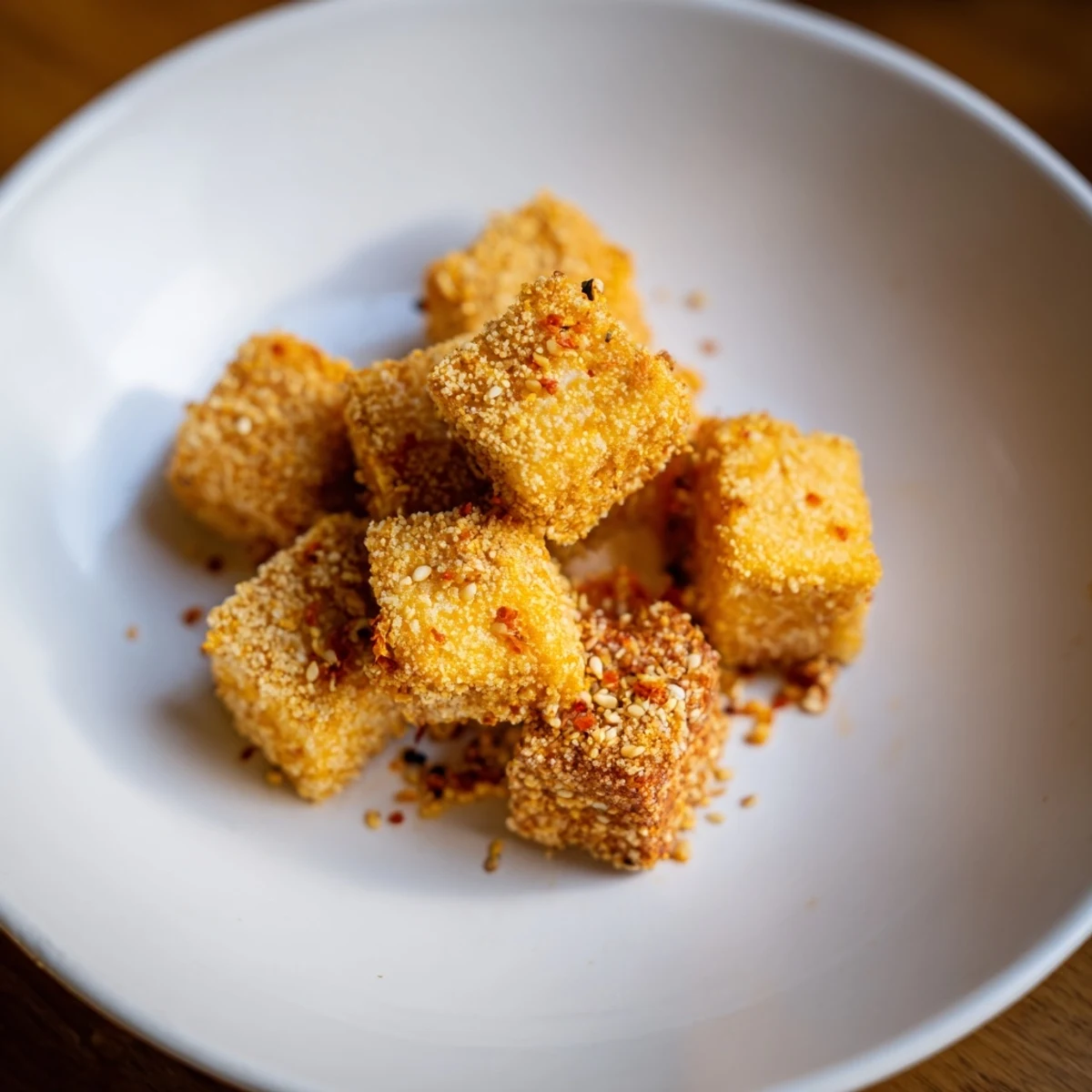 Close-up of perfectly fried Crispy Tofu, showcasing the golden-brown, inviting texture.