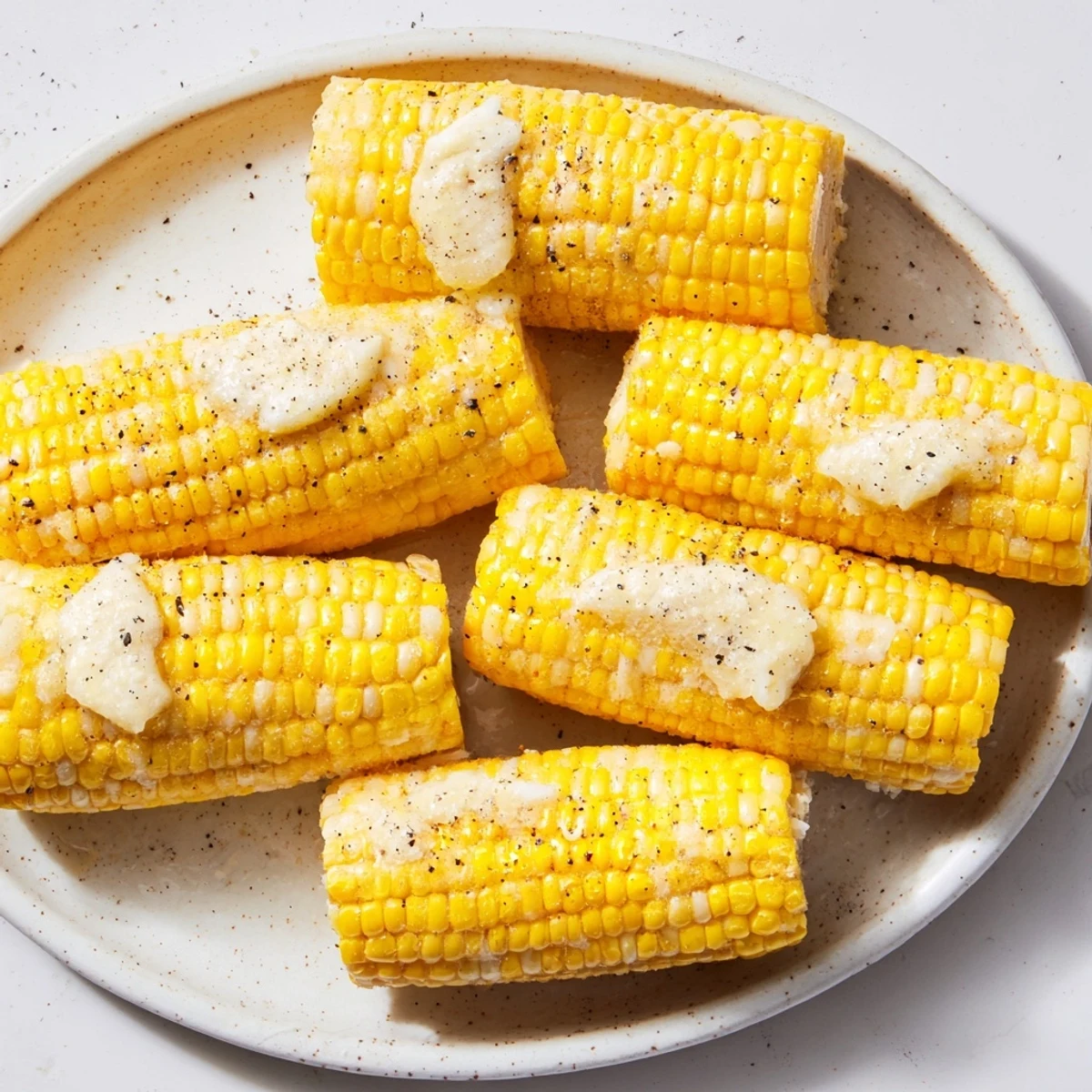 Golden corn on the cob glistening with melted butter, ready for a delicious bite on a plate.