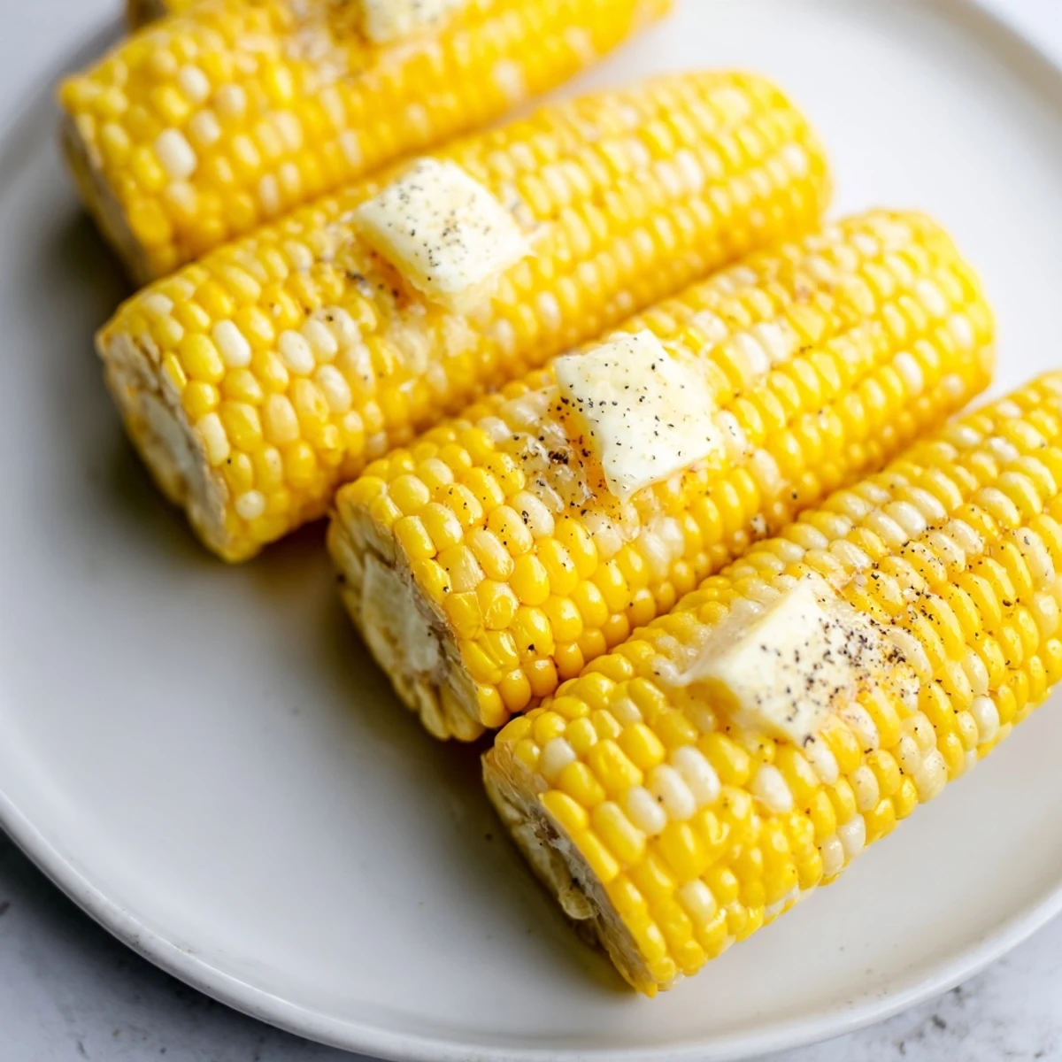 Steaming golden corn on the cob, cooked until tender, seasoned perfectly and served warm.