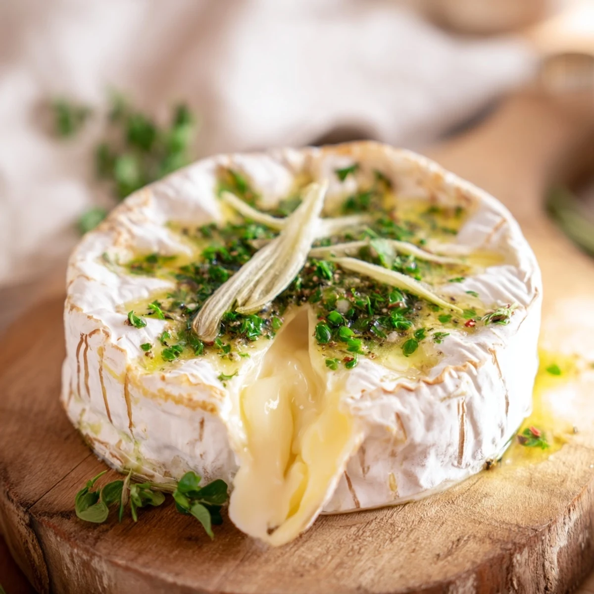 Close-up of a delightful baked Camembert cheese, ready to serve with sliced baguette and fruit.
