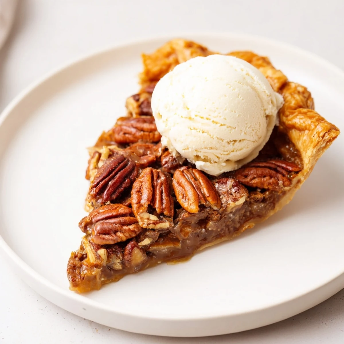 Warm Pecan Pie, golden brown and glistening, ready to be sliced for dessert.