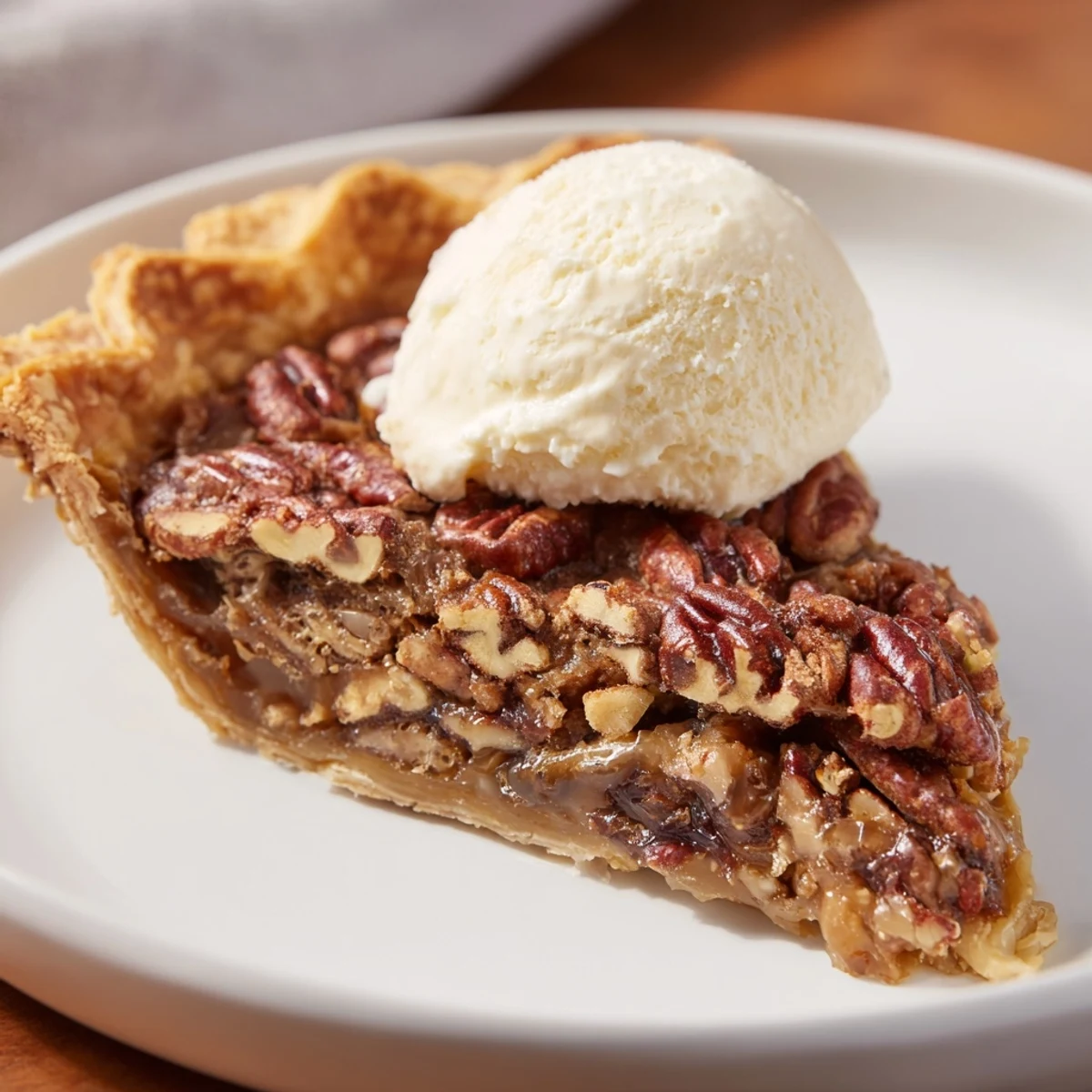 Enjoy a slice of warm Pecan Pie, a classic American dessert with a flaky crust.