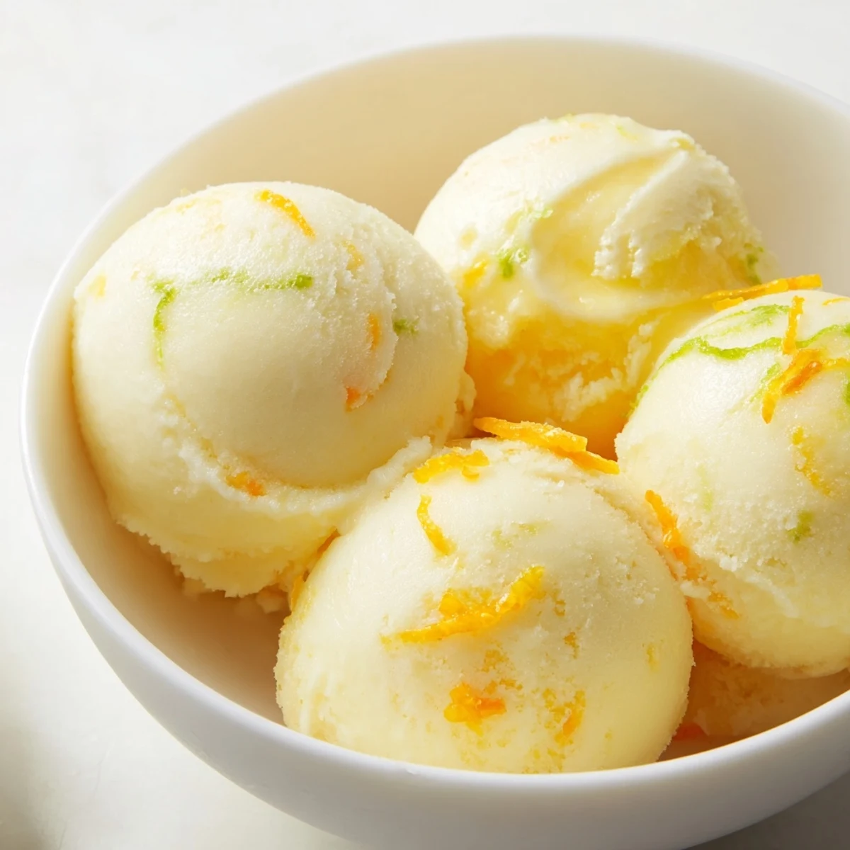 Looking at a scoop of homemade Citrus Sorbet, showing its refreshing, icy, citrusy texture.