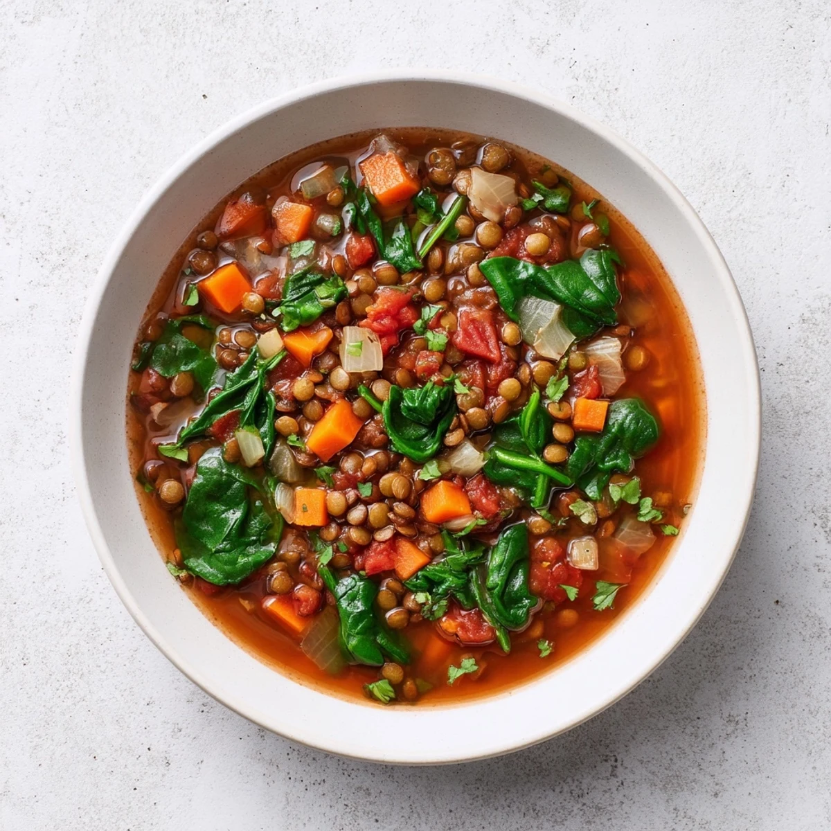 Steaming bowl of Hearty Lentil Soup, full of chunky vegetables, is ready to be enjoyed.