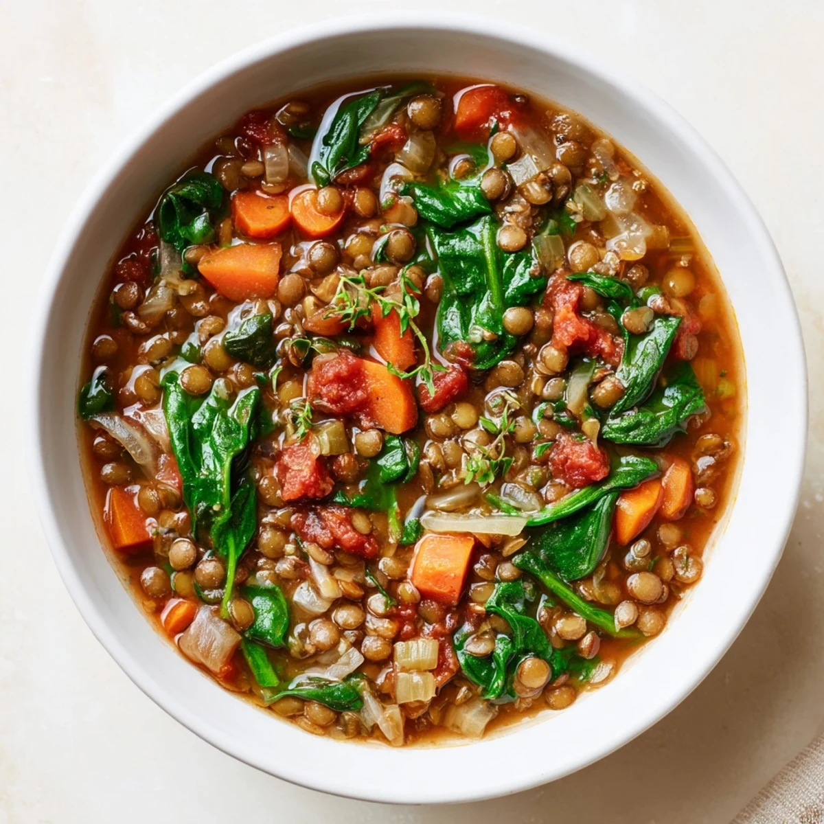 A close-up shot of Hearty Lentil Soup, revealing the tender lentils and rich broth.