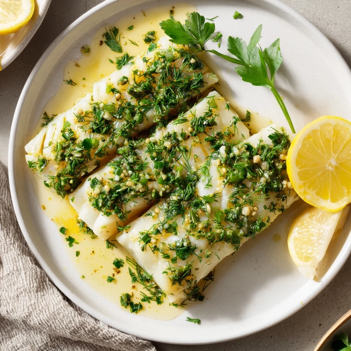 Golden Baked Cod with garlic butter glistens, herb-topped and ready for a satisfying serving.