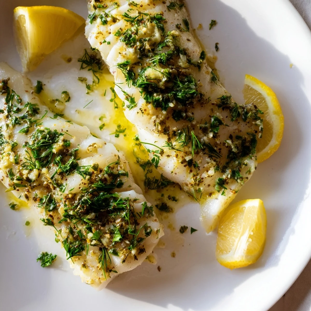Flaky, flavorful Baked Cod coated in garlic butter, beautifully garnished with fresh herbs and lemon.