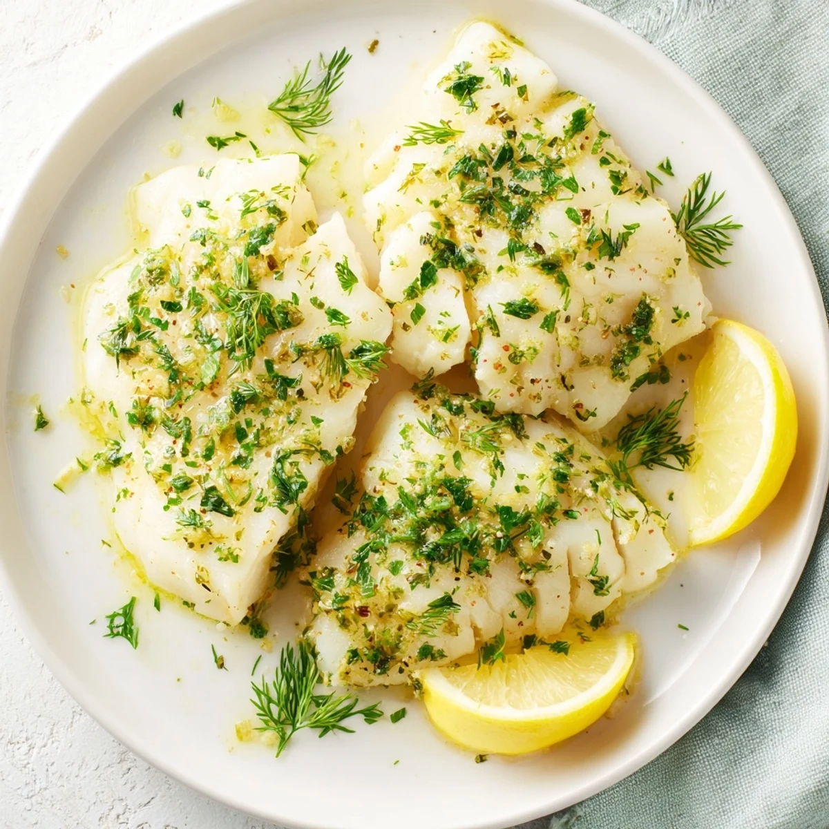 Close-up of a perfectly baked cod recipe, infused with garlic butter and colorful, fresh herbs.