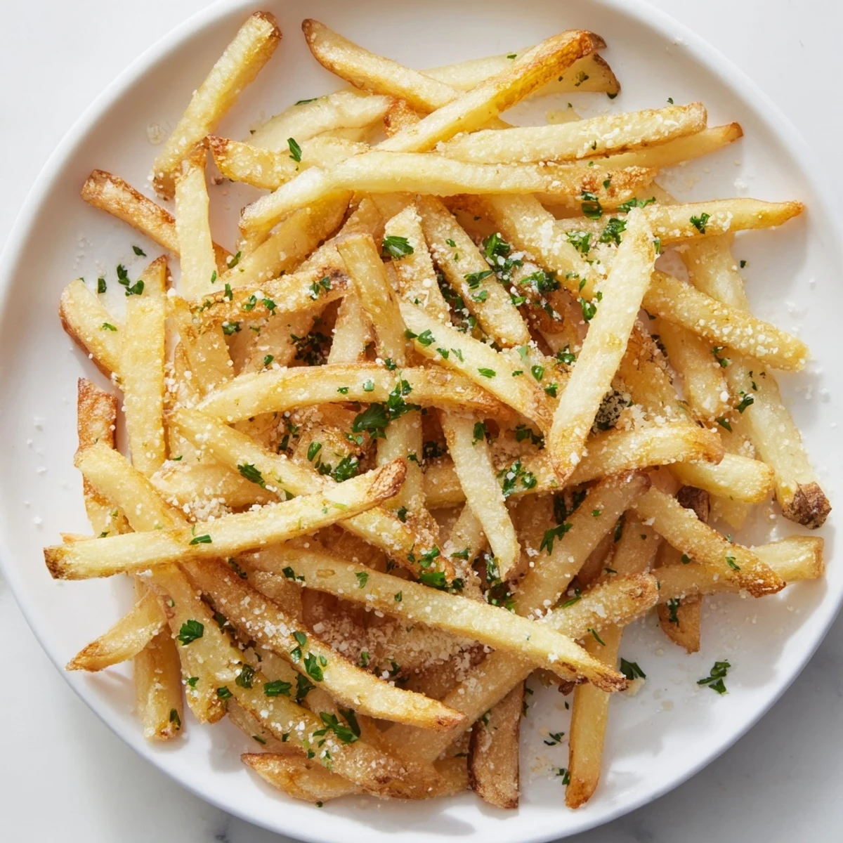 Golden, crispy air fryer French fries sprinkled with sea salt, ready to share on a plate.