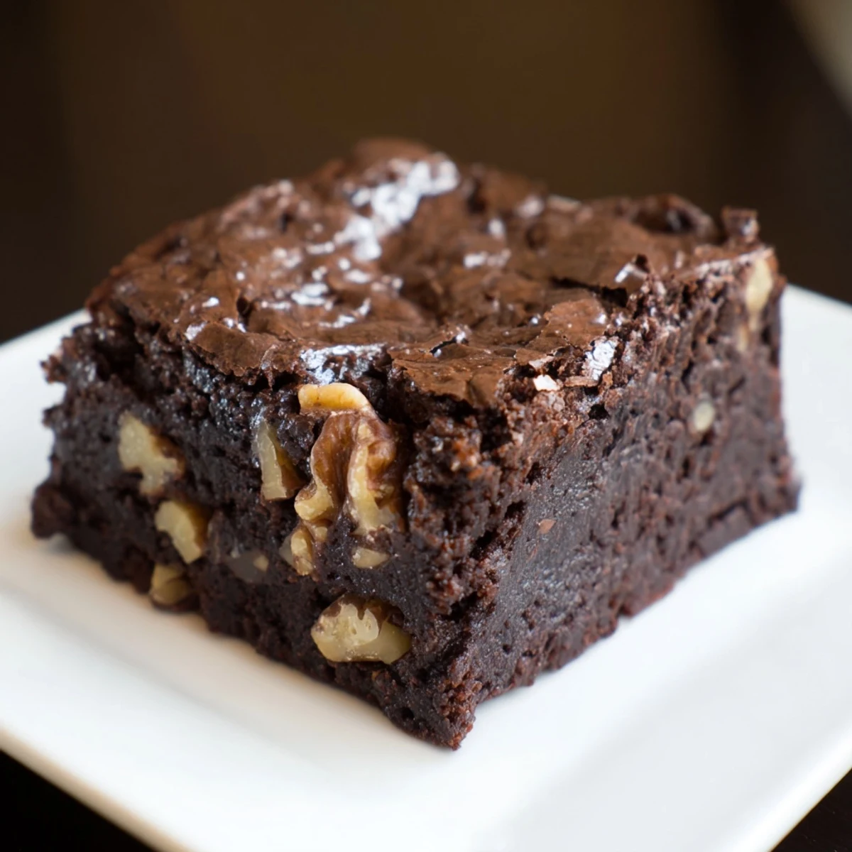 Warm, melty chocolate fudge brownies with walnuts, offering a perfect square for dessert enjoyment.
