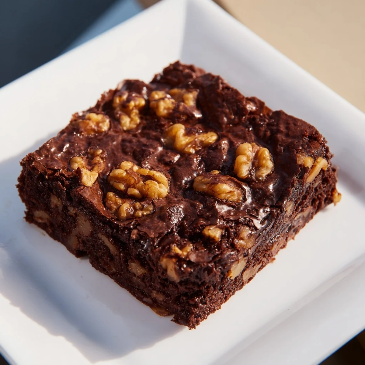 Crumbly top revealing intensely chocolate fudge brownies with chopped walnuts, ready to eat.