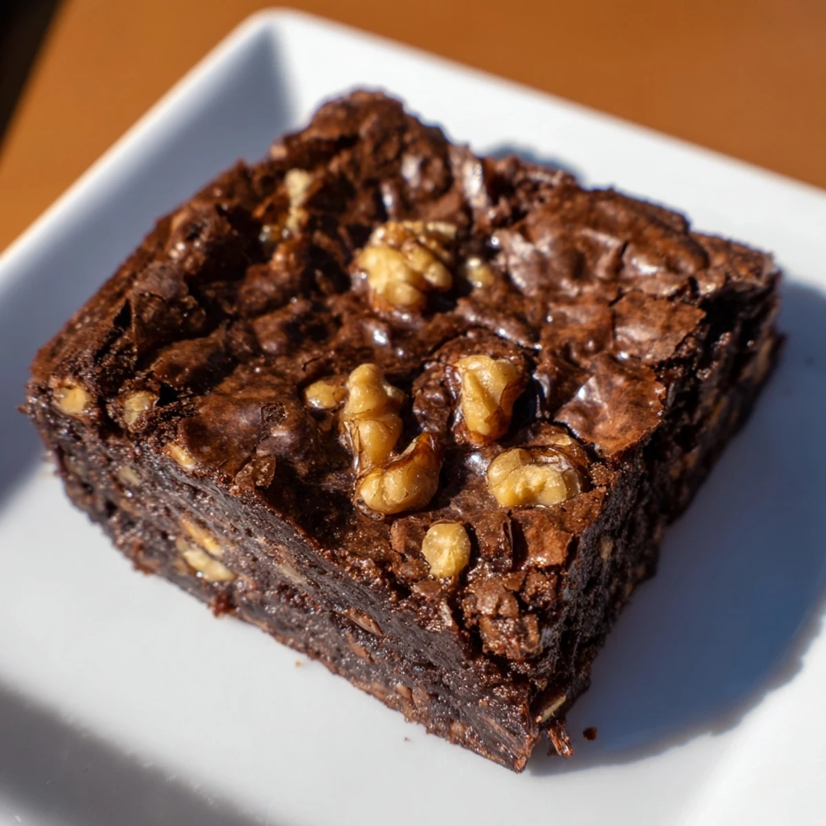 Freshly baked chocolate fudge brownies studded with walnuts, a rich, decadent treat, ready to serve.