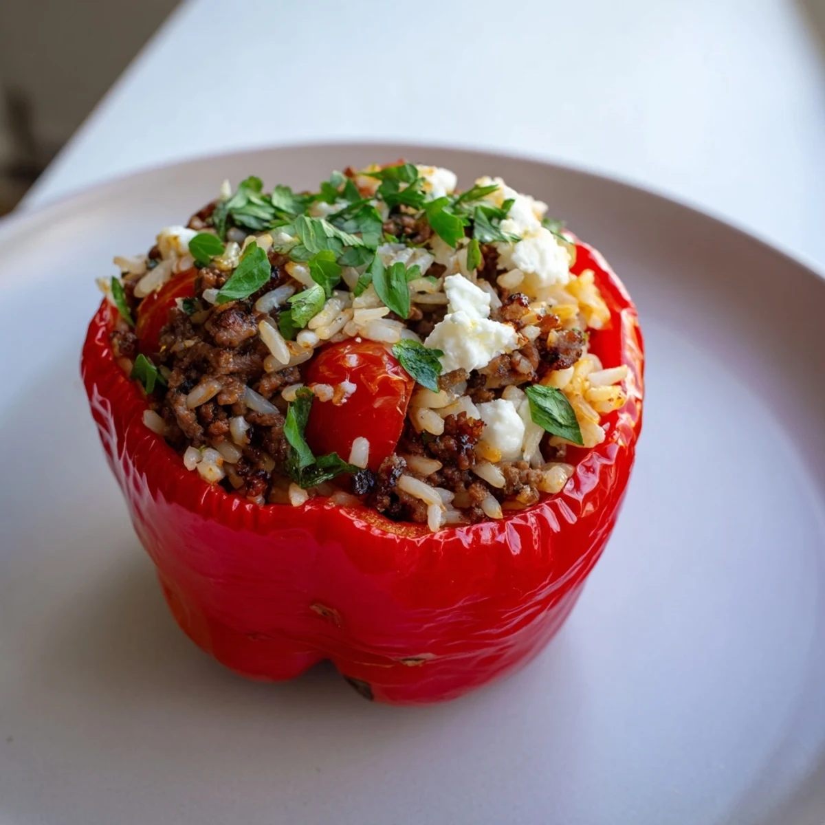Golden-brown Mediterranean Stuffed Bell Peppers with beef, brimming with savory filling and herbs, ready to be enjoyed.