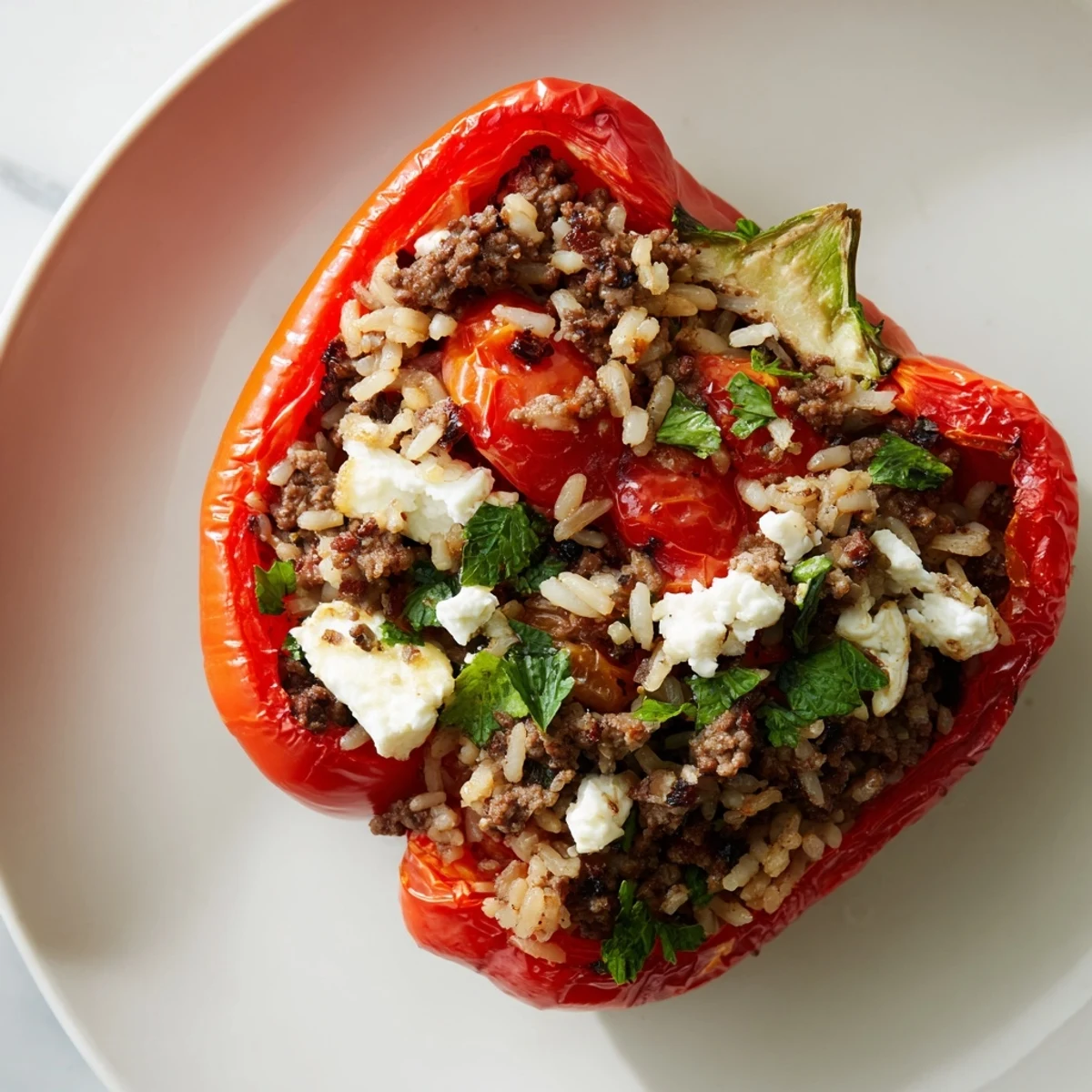 A close-up of vibrant Mediterranean Stuffed Bell Peppers, steaming hot after baking, stuffed with seasoned beef.