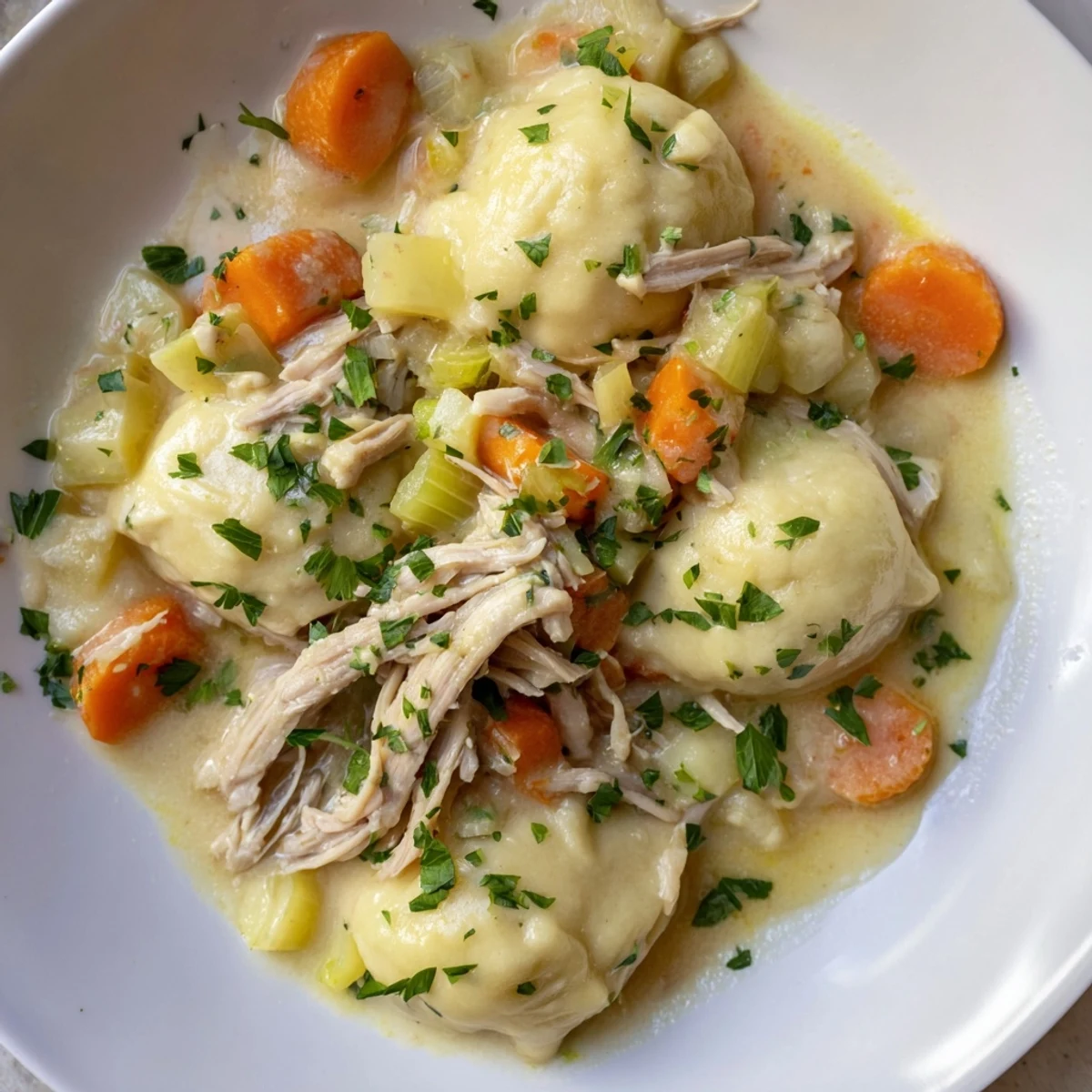 Tender chicken and vegetables in a savory Slow Cooker Chicken and Dumplings, perfect for a cozy dinner.