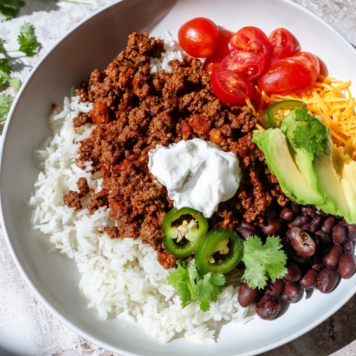 A delicious beef burrito bowl overflowing with seasoned beef, rice, beans, and fresh toppings.