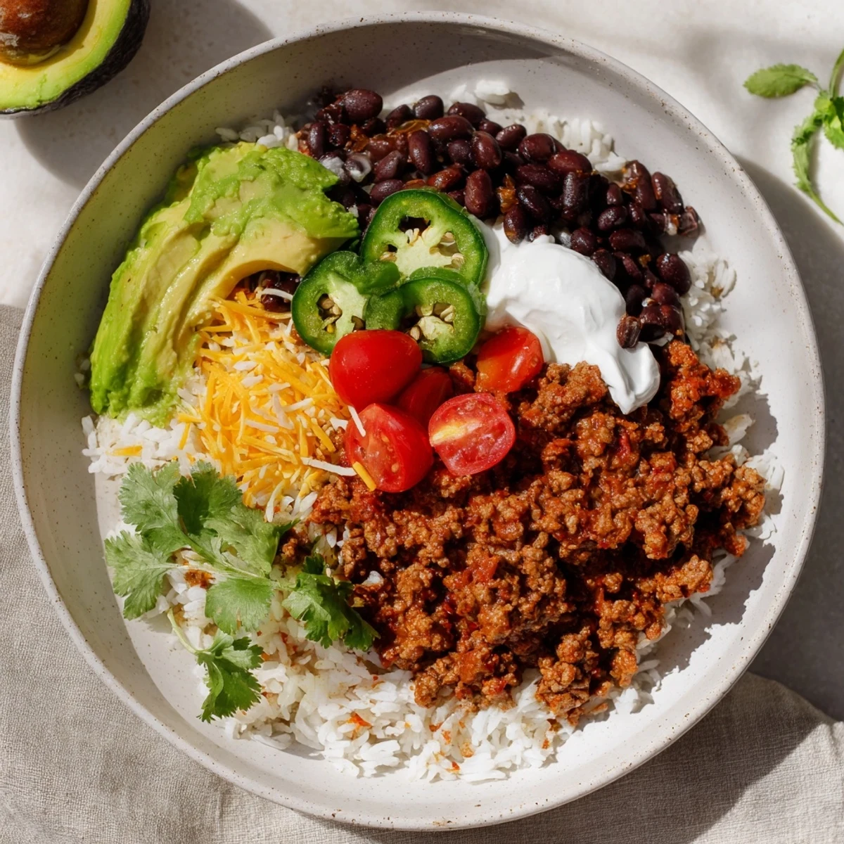Hearty beef burrito bowls: a close-up photo showcasing savory beef, creamy avocado, and vibrant cilantro.