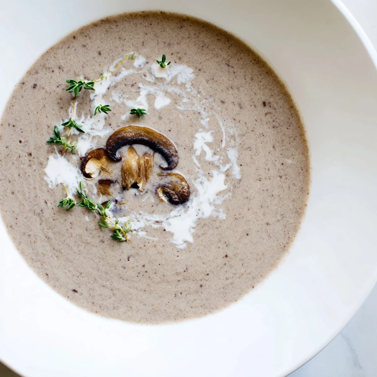 Creamy Mushroom Soup with Thyme: A close-up of the velvety soup, garnished with fresh thyme leaves.