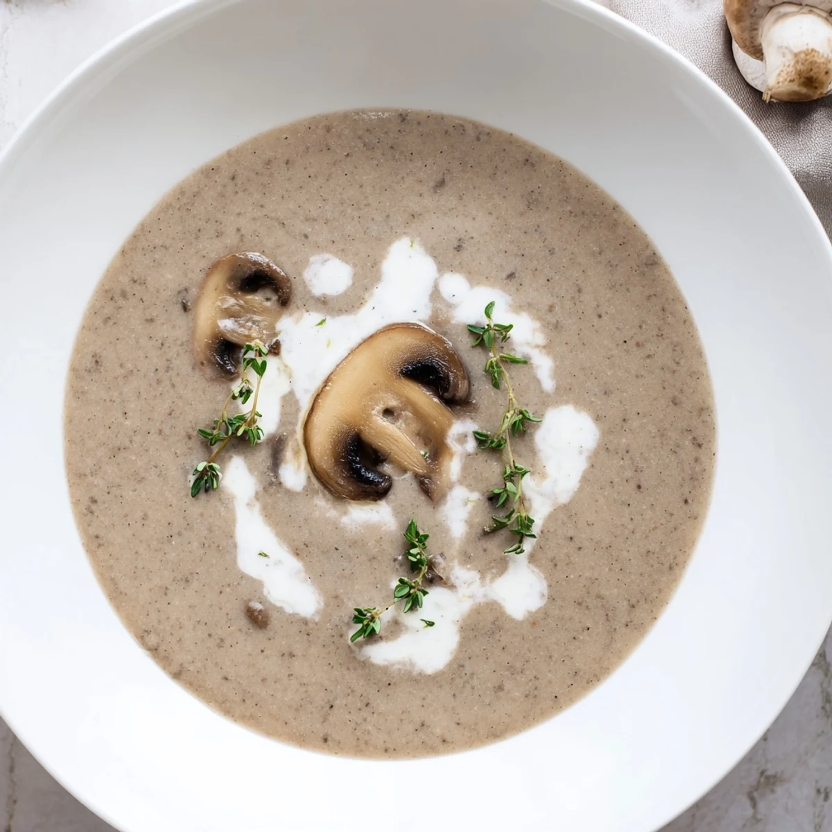 This creamy, golden Mushroom Soup with Thyme smells amazing, ready to be ladled and served.