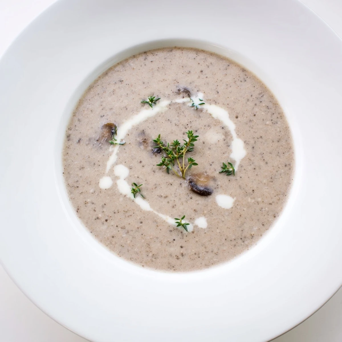 Enjoy a steaming bowl of Creamy Mushroom Soup with Thyme, perfect with toasted bread.
