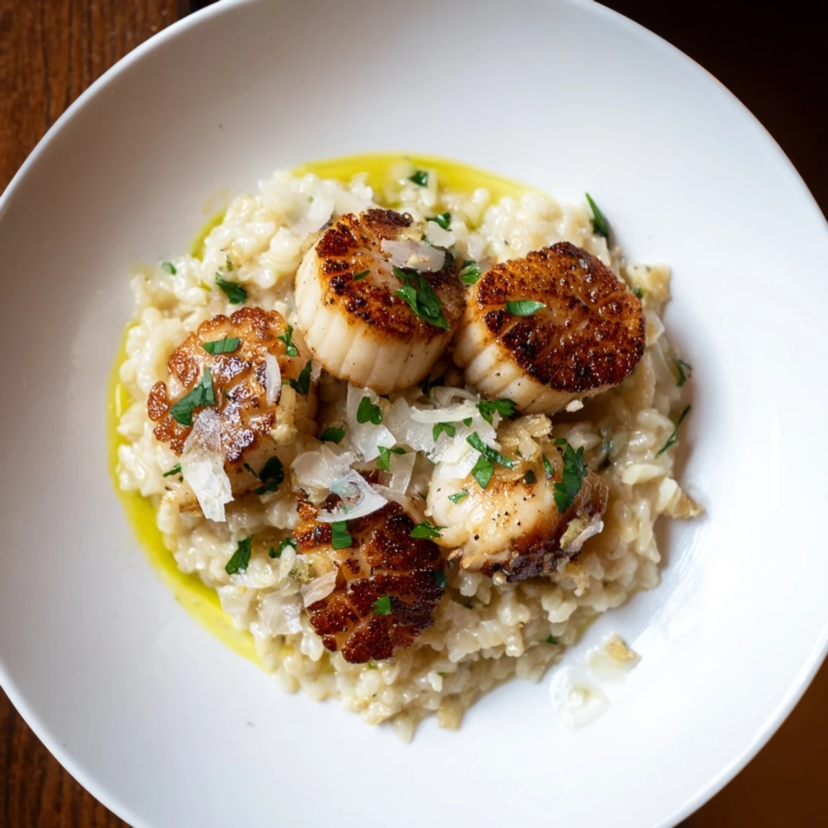 Creamy risotto topped with golden-seared lemon garlic scallops for a delicious Italian meal.