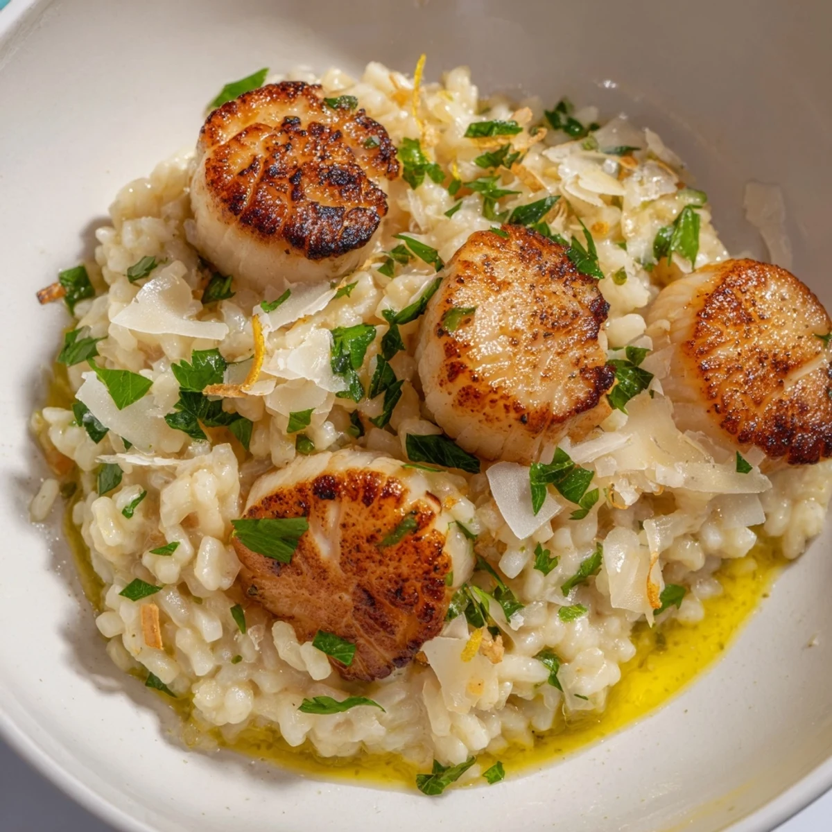 Elegant plate of lemon garlic scallops with risotto; the scallops are perfectly browned and juicy.