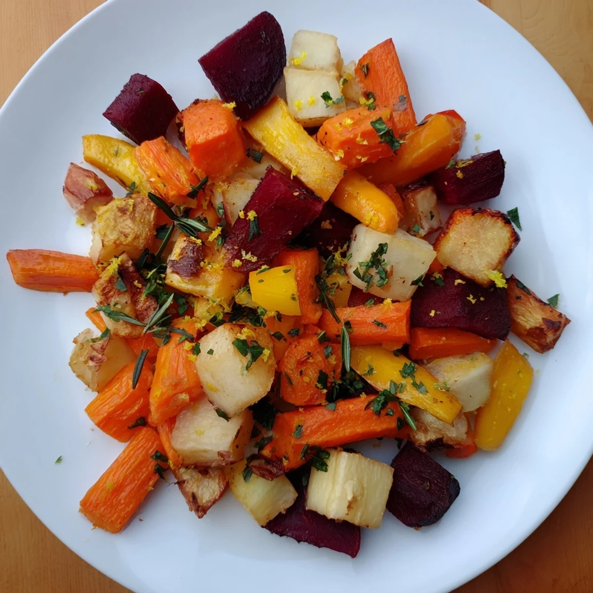 Golden-brown Roasted Root Vegetable Medley with herbs, tender and caramelized on the outside.