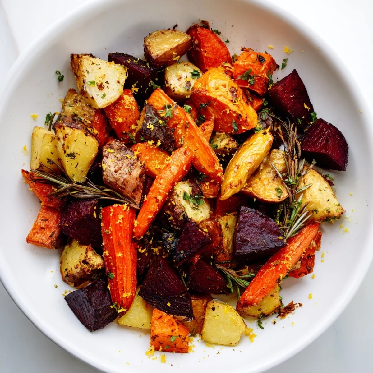 Vibrant image of a Roasted Root Vegetable Medley, seasoned to perfection and ready to serve.